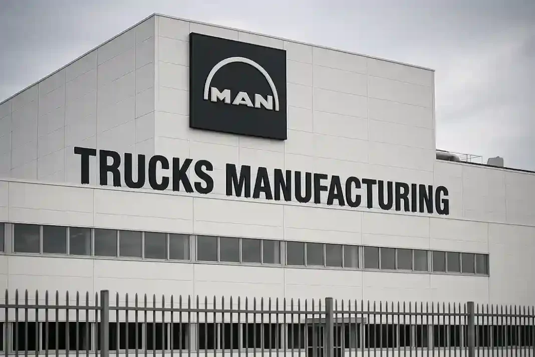 Feuerwehr und MAN-Lkw vor dem Unternehmensstandort, Symbol für geplanten Stellenabbau und Umstrukturierung.