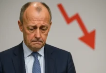 Merz-Regierung im Stimmungstief – Deutsche verlieren Vertrauen in die Bundesregierung Friedrich Merz spricht auf einer Pressekonferenz vor der deutschen Bundesflagge