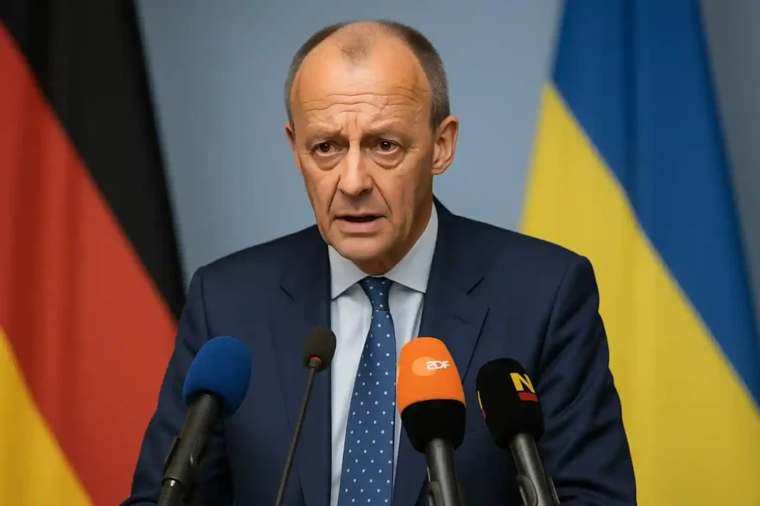 Friedrich Merz bei einer Pressekonferenz in Berlin zur Debatte über die Migration junger Ukrainer im Jahr 2025