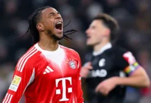 Michael Olise schreibt Geschichte: Zwei Tore und drei Assists beim Bayern-Sieg gegen Freiburg Michael Olise jubelt nach Tor beim 6:2 Sieg von Bayern München gegen Freiburg, Bundesliga 22. November 2025