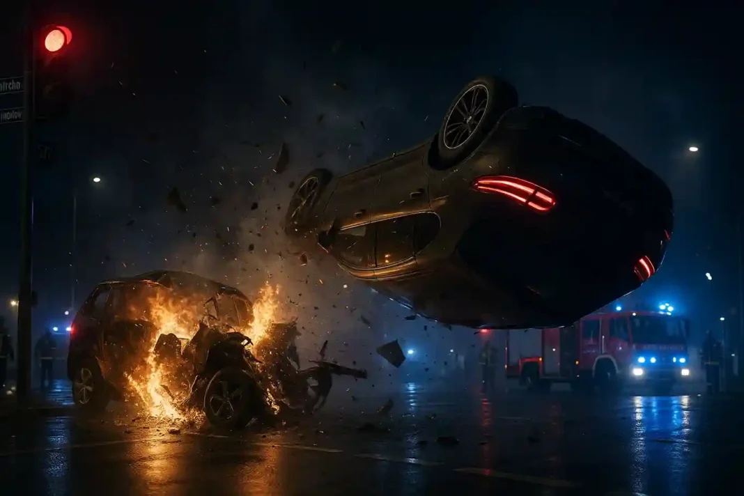 Zerstörter Renault nach tödlichem Rotlichtunfall in München mit über 150 Metern Trümmerfeld