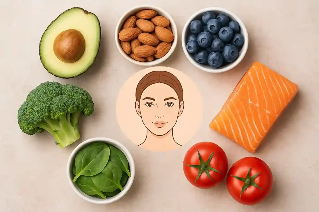 Verschiedene natürliche Lebensmittel wie Erdbeeren, Brokkoli und Wassermelone für gesunde und strahlende Haut.