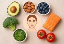 Natürliche Lebensmittel für strahlende Haut – Anti-Aging Ernährungstipps Verschiedene natürliche Lebensmittel wie Erdbeeren, Brokkoli und Wassermelone für gesunde und strahlende Haut.