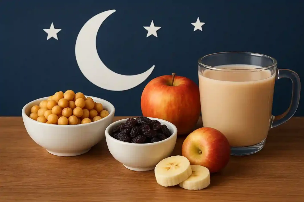 Verschiedene natürliche Lebensmittel wie Kiwi, Kirschen und Mandeln zur Förderung des Schlafs