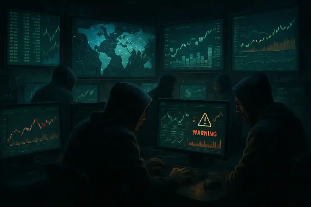 Illustration eines internationalen Online-Betrugsnetzwerks in Deutschland, mit Computern, Finanzdiagrammen und Hacker-Aktivitäten