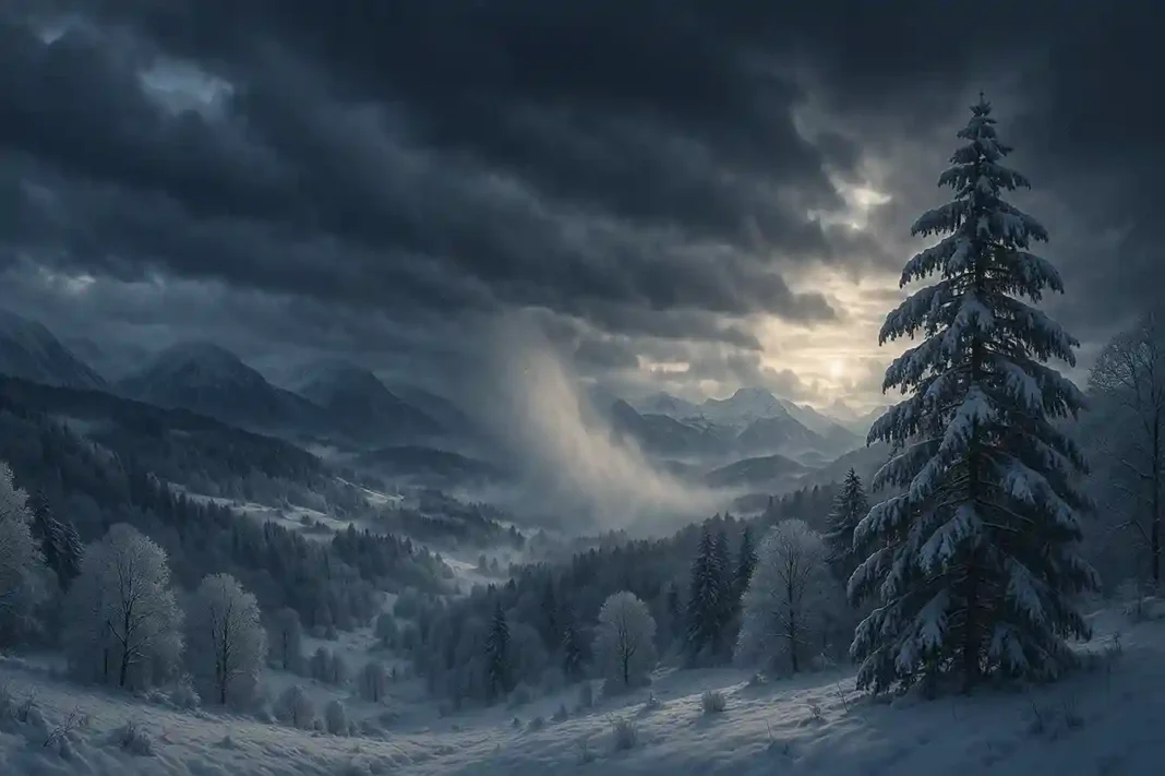 Schnee bedeckt deutsche Landschaft, während eine Polarfront arktische Kaltluft nach Deutschland bringt.