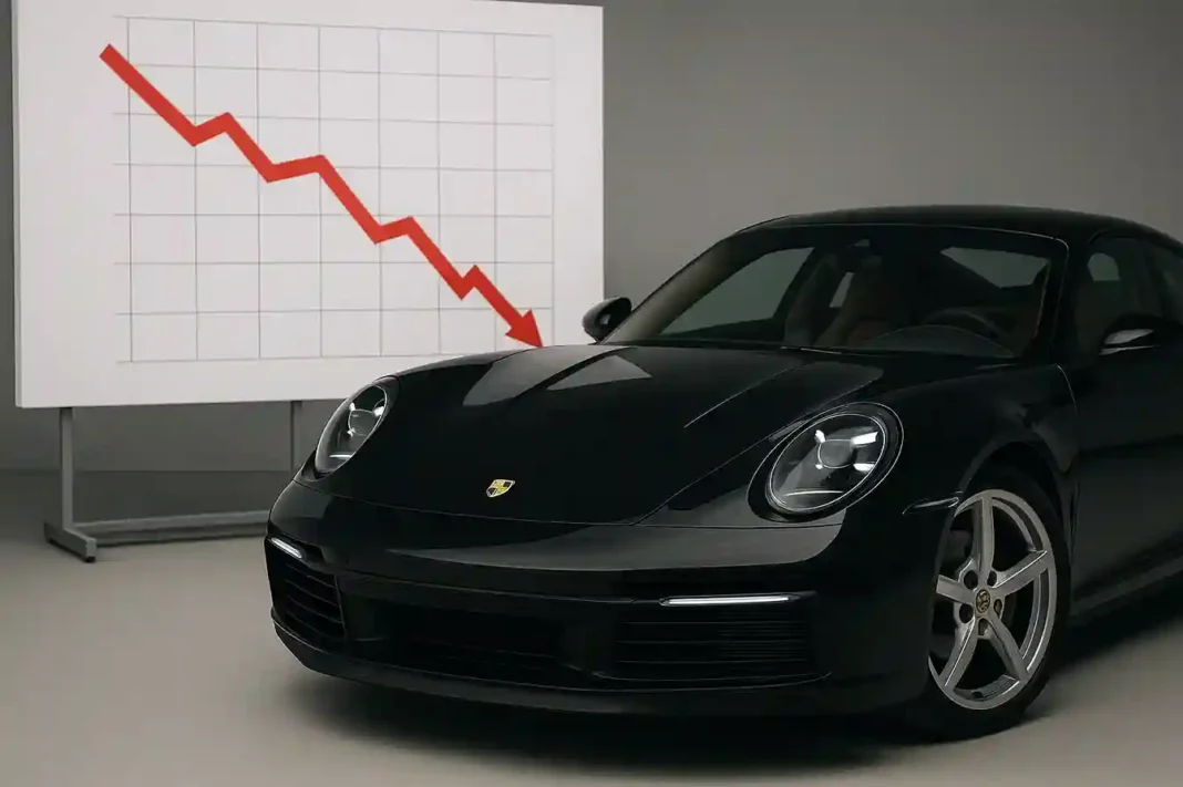 porsche-gewinnrueckgang Porsche Sportwagen auf einer Straße, Symbol für Gewinnrückgang und Herausforderungen der Elektrostrategie