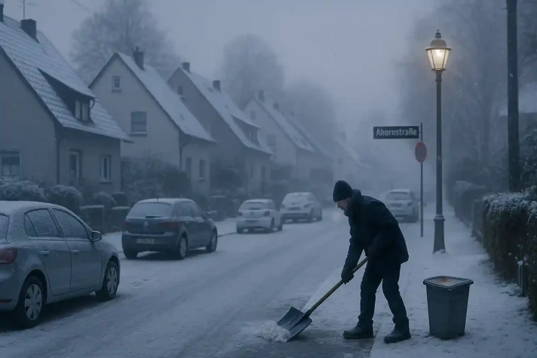 Gehweg wird im Winter in Deutschland von Schnee und Eis geräumt