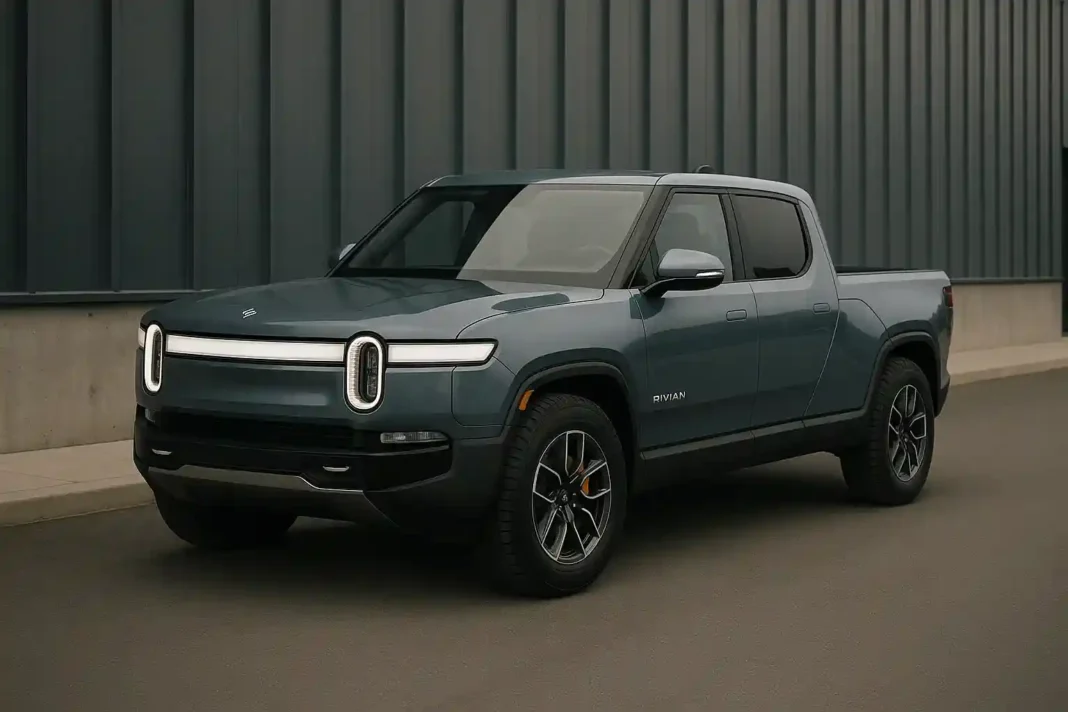 RJ Scaringe, CEO von Rivian, präsentiert vor einem elektrischen Fahrzeug die neuen Aktienoptionen und Bonuspläne seines Unternehmens.