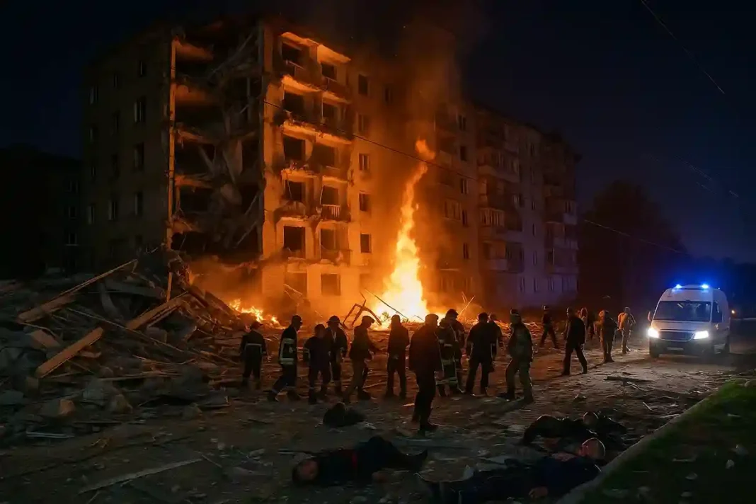 Rettungskräfte im Einsatz nach russischen Luftangriffen in Ternopil, Westukraine, November 2025