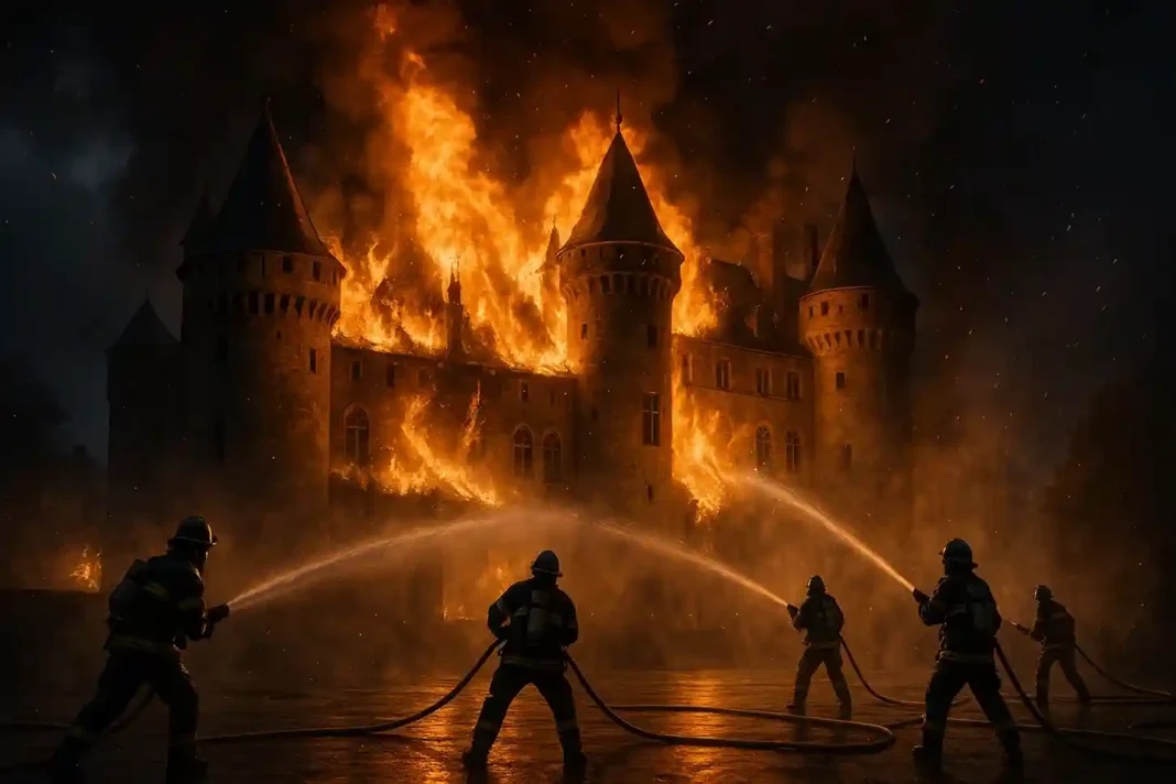 Großbrand im Dachstuhl des historischen Schloss Hardenberg in Velbert, Feuerwehr im Löscheinsatz