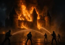 Großbrand in Schloss Hardenberg Velbert – Dachstuhl in Vollbrand und Einsturzgefahr Großbrand im Dachstuhl des historischen Schloss Hardenberg in Velbert, Feuerwehr im Löscheinsatz