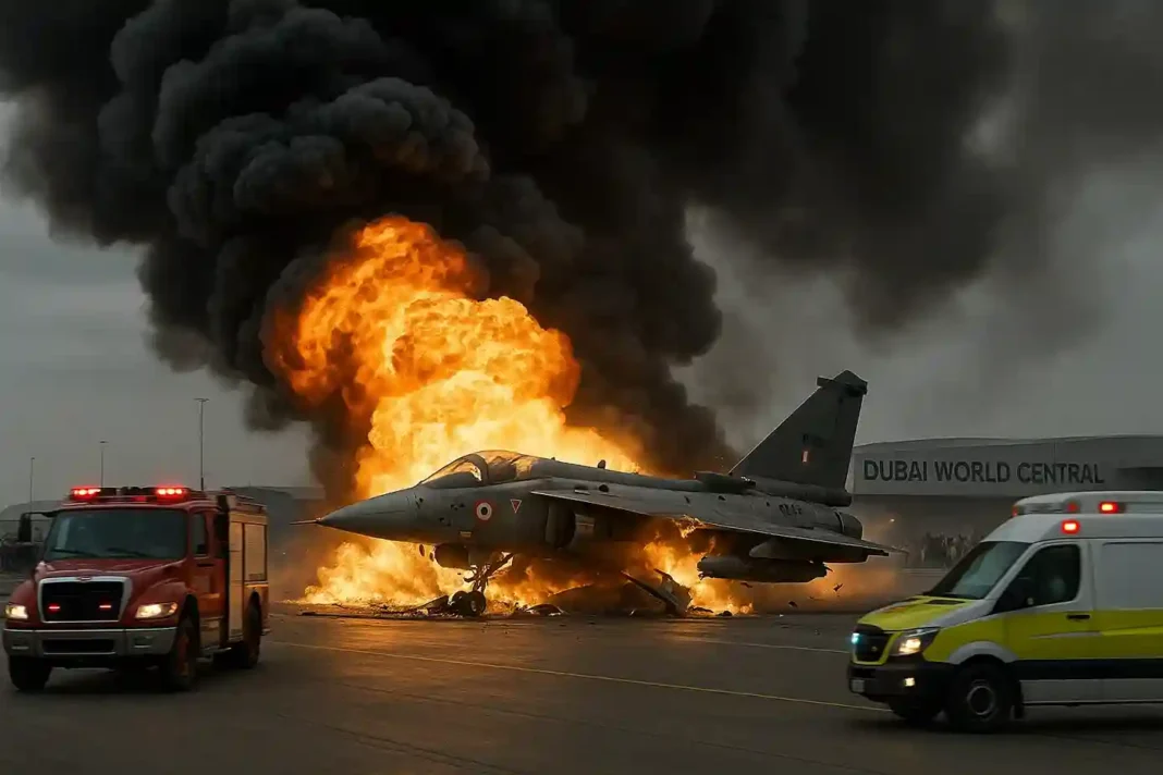 tejas-fighter-jet-crash-dubai Indischer Tejas-Kampfjet stürzt während einer Flugvorführung auf der Dubai Airshow ab, schwarzer Rauch steigt auf.