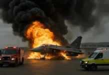 Tödlicher Absturz eines indischen Tejas-Kampfjets auf der Dubai Airshow – Pilot kommt ums Leben Indischer Tejas-Kampfjet stürzt während einer Flugvorführung auf der Dubai Airshow ab, schwarzer Rauch steigt auf.