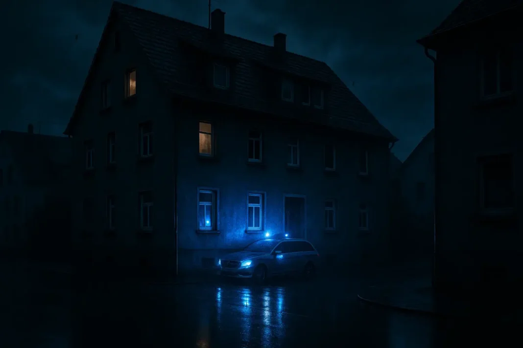 "Dramatisches Polizeieinsatz-Szenario vor einem Wohnhaus in Stuttgart-Feuerbach bei Dämmerung, Blaulichter reflektieren auf nassen Straßen, symbolisch für ein tragisches Ereignis mit drei Toten."