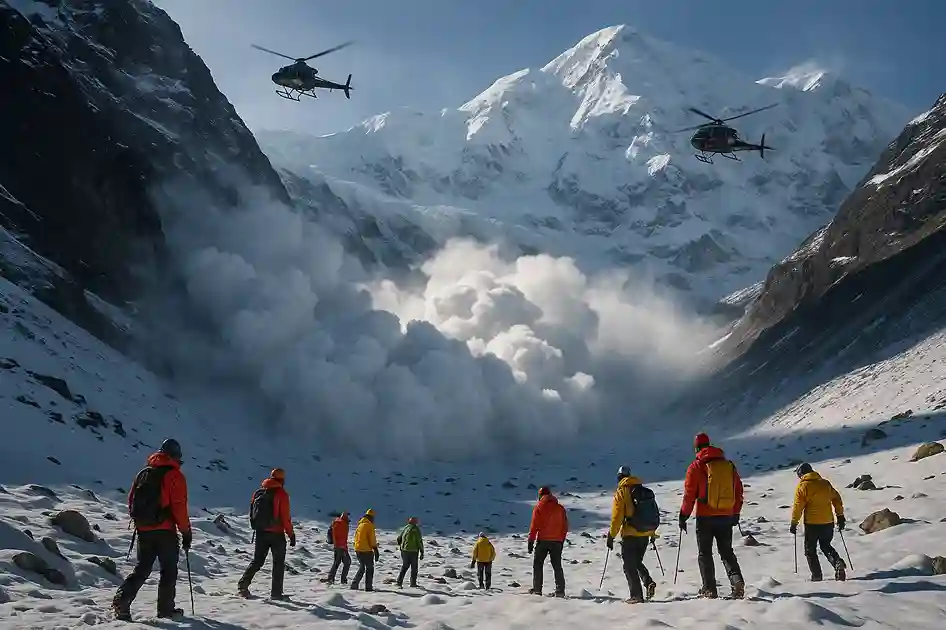 tragodie-in-nepal-sieben-bergsteiger-sterben-bei-lawinenungluck Rettungsteams suchen nach Vermissten nach Lawinenabgang am Yalung Ri in Nepal.