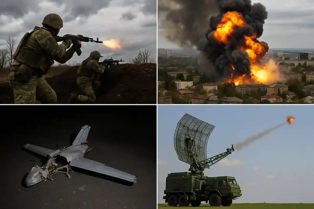 Ukrainische und russische Drohnen im Einsatz über den umkämpften Regionen der Ostukraine, Konflikt 2025.