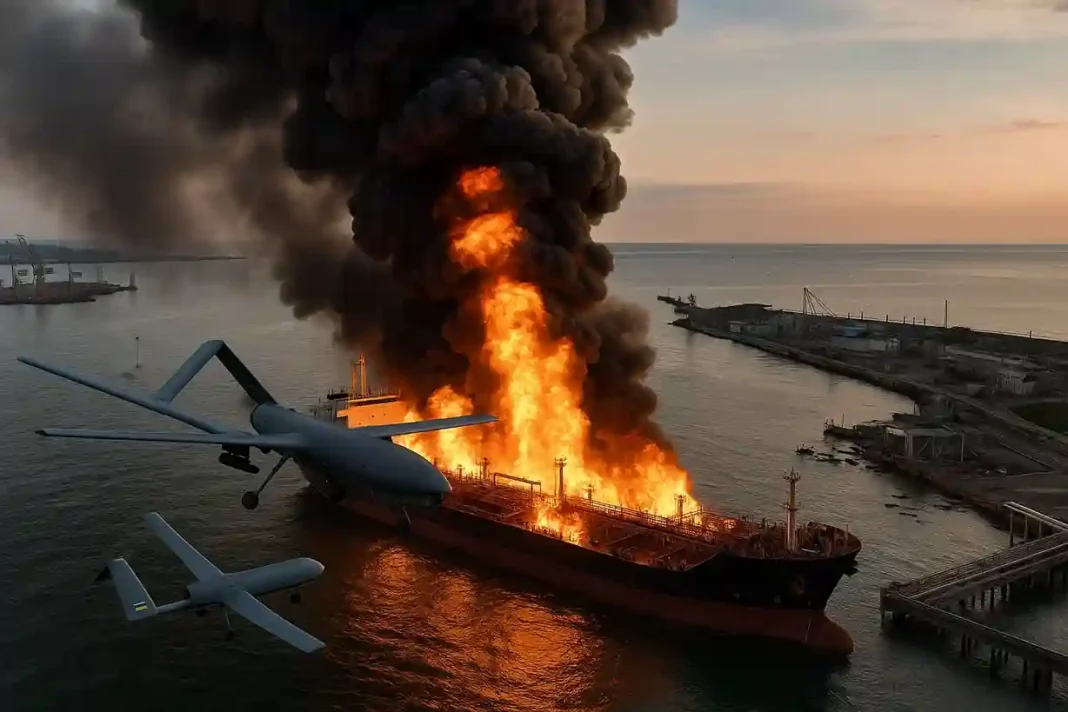 Ukrainische Drohnen greifen Tuapse Hafen und Ölplattformen an – Feuer und Schäden an Infrastruktur, russische Gegenmaßnahmen im Einsatz.