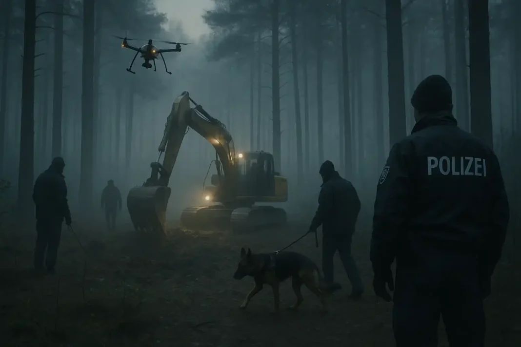 „Polizei und Ermittler durchsuchen ein nebliges Waldgebiet in Brandenburg nach Hinweisen im Vermisstenfall Rebecca Reusch. Drohnen und Spürhunde im Einsatz, dramatische Atmosphäre.“