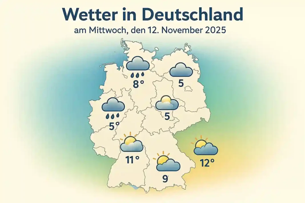 Wetterkarte Deutschlands am Mittwoch, 12. November 2025, zeigt Sonne im Süden und Regen im Norden