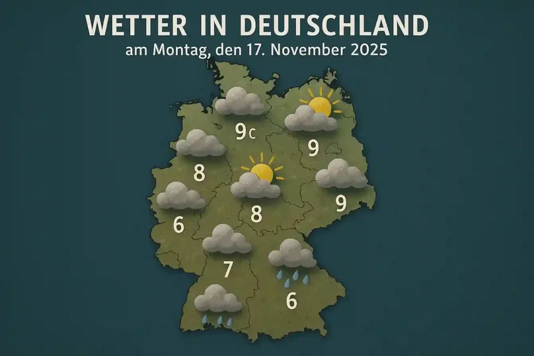 Deutschland Wetterkarte am 17. November 2025 – Regen im Norden, Sonne im Süden, Temperaturen und Windverhältnisse