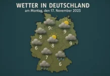 Wetter in Deutschland am Montag, den 17. November 2025 Deutschland Wetterkarte am 17. November 2025 – Regen im Norden, Sonne im Süden, Temperaturen und Windverhältnisse