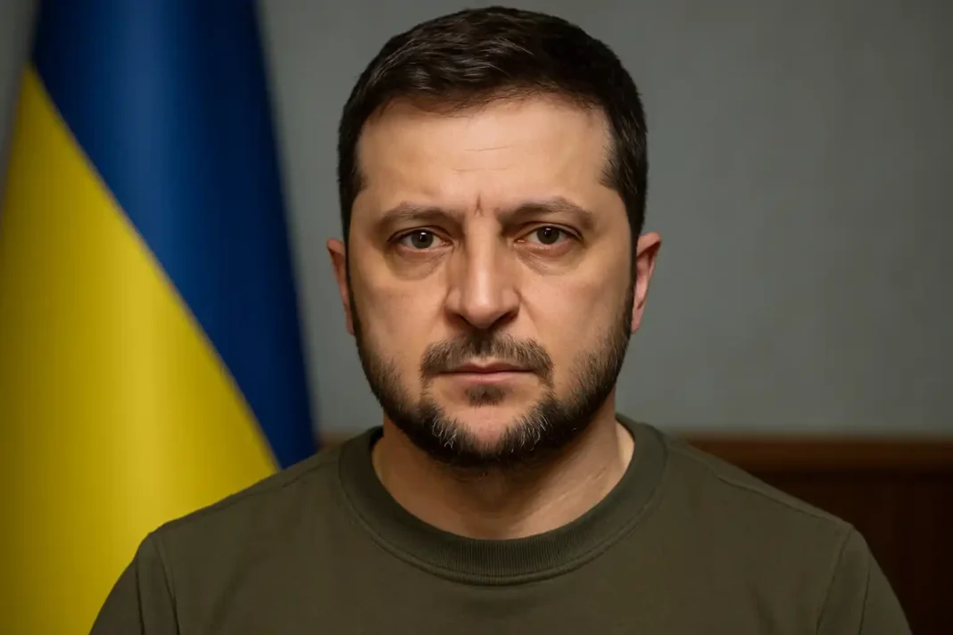 Präsident Zelensky bei einer Pressekonferenz in Kiew, während er Sanktionen gegen einen früheren Geschäftspartner ankündigt.