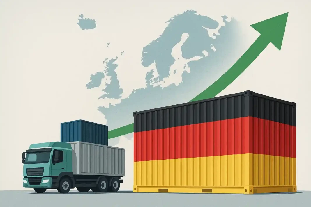 deutschland-export-eu-usa-china Grafik zeigt Deutschlands Exportentwicklung mit starken EU-Zahlen und Rückgängen in den USA und China.