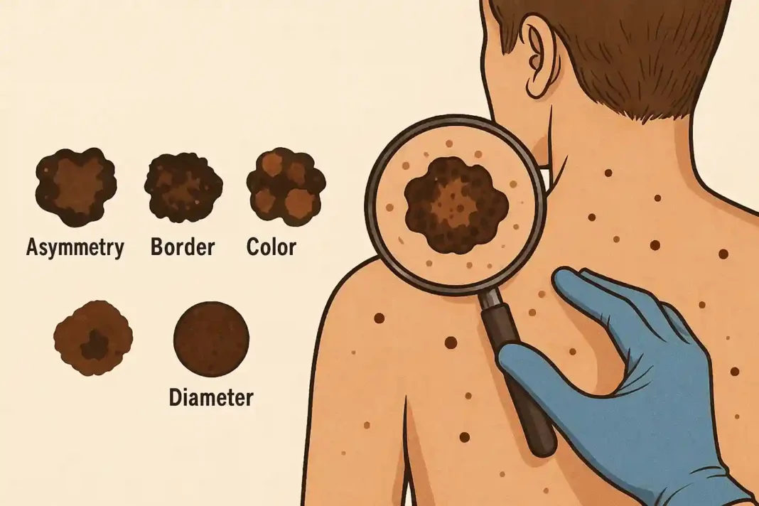 Hände prüfen Haut auf auffällige Muttermale und Melanome
