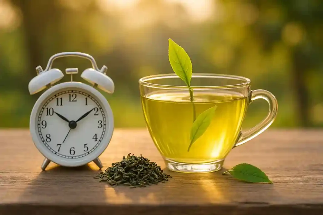 gruener-tee-maximale-wirkung-catechine Tasse grüner Tee mit Zitronenscheibe – optimale Zubereitung für maximale Catechine