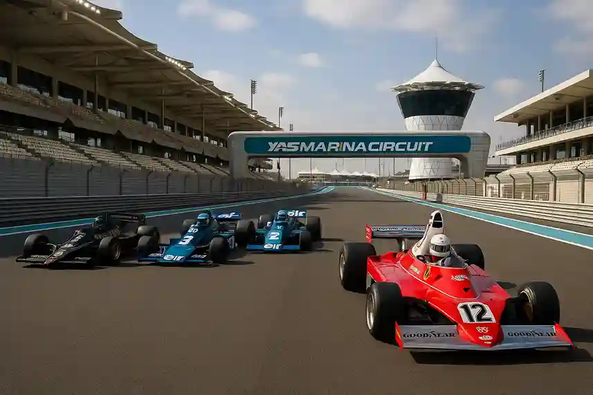 historische-formel1-yas-marina Historische Formel-1-Autos auf der Yas Marina Rennstrecke bei den Masters-Rennen