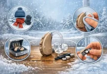 Hörgeräte im Winter schützen: Tipps gegen Feuchtigkeitsschäden Hörgerät auf Trockenschachtel im Winter zur sicheren Aufbewahrung