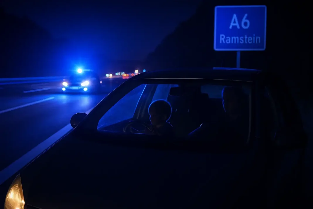 kleinkind-steuert-auto-a6-ramstein Kleinkind hält das Lenkrad eines Autos auf der A6 bei Ramstein während die Mutter auf dem Handy tippt