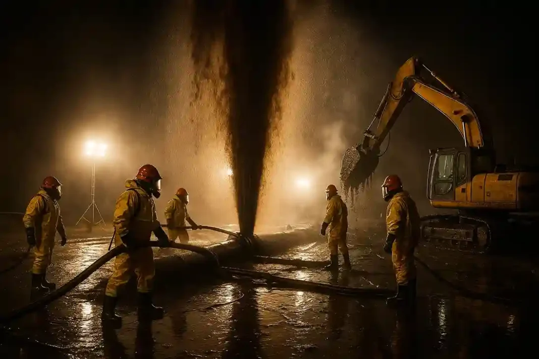 pipeline-havarie-brandenburg-oelleck Austretendes Erdöl schießt meterhoch aus einer defekten Pipeline in Brandenburg