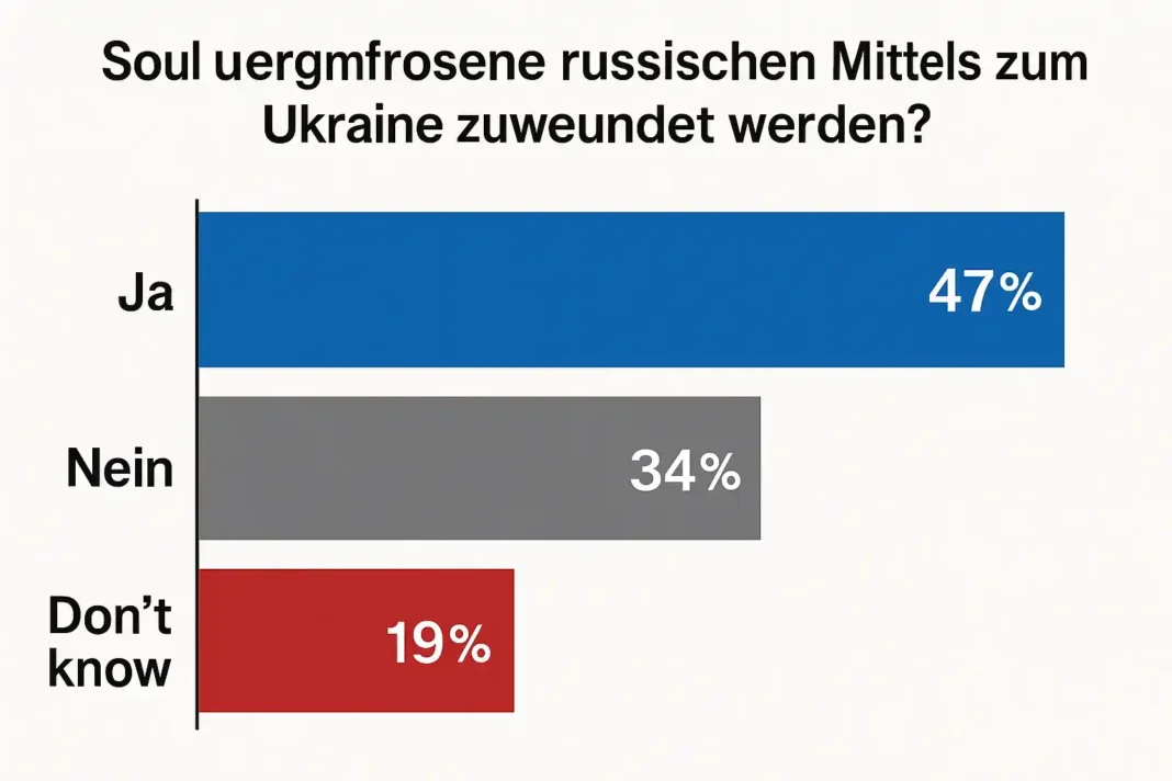 russische-vermoegen-ukraine-eu-umfrage EU-Flaggen und ukrainische Flagge vor Finanzsymbolen – Debatte um eingefrorene russische Vermögen