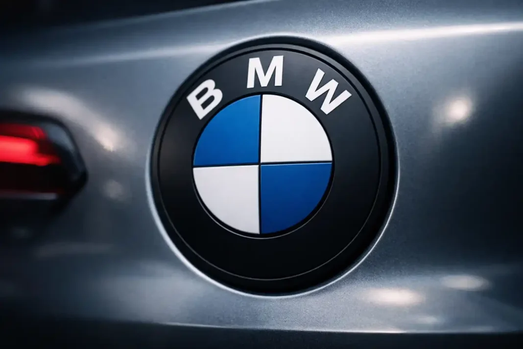 BMW führt neues Logo ein Das neue BMW-Logo 2026 auf dem iX3 Elektroauto, flaches modernes Design mit mattierter schwarzer Umrandung