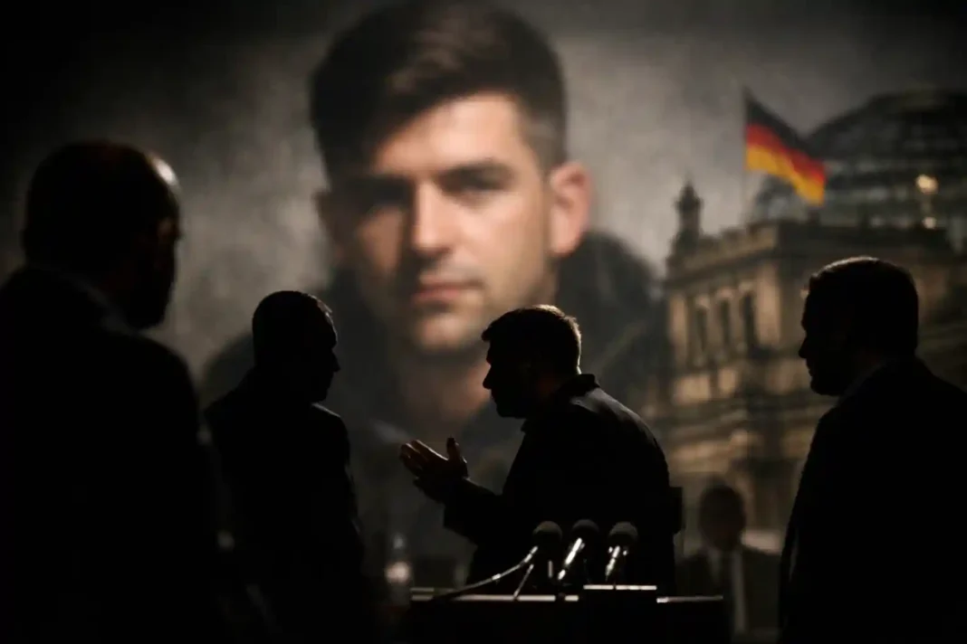 AfD-Politiker im Hintergrund mit Porträt von Martin Sellner als Symbol politischer Radikalisierung