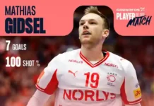 Dänemark besiegt Island: EHF EURO 2026 Halbfinale Dänemarks Handballspieler Mathias Gidsel erzielt Tore gegen Island im Halbfinale der EHF EURO 2026