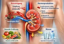 Gesunde Nieren schützen: Sechs Tipps für starke Funktion Grafik einer gesunden Niere im menschlichen Körper mit hervorgehobener Funktion
