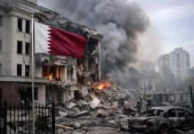 Katar verurteilt Schäden an Botschaft in Kiew scharf Beschädigtes Gebäude der katarischen Botschaft in Kiew nach russischem Drohnenangriff