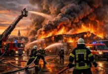 Großbrand in Oberstenfeld: Lagerhalle in Flammen Feuerwehr löscht Großbrand in Lagerhalle Oberstenfeld, Rauch steigt in den Himmel