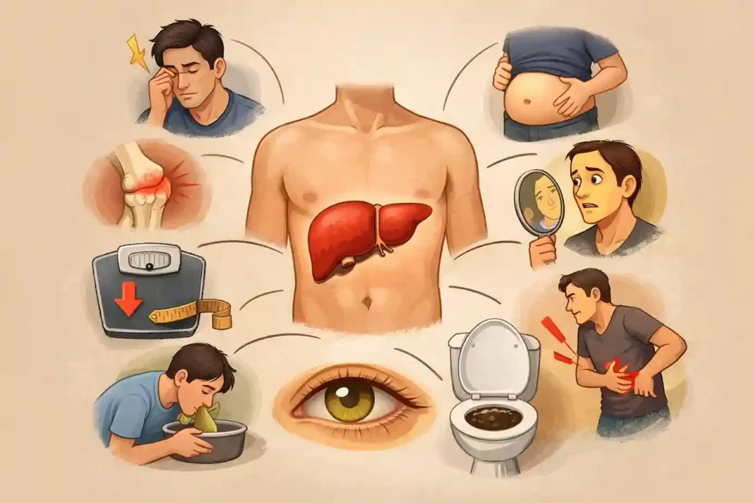 Illustration zeigt menschliche Leber mit markierten Krankheitssymptomen und Warnsignalen