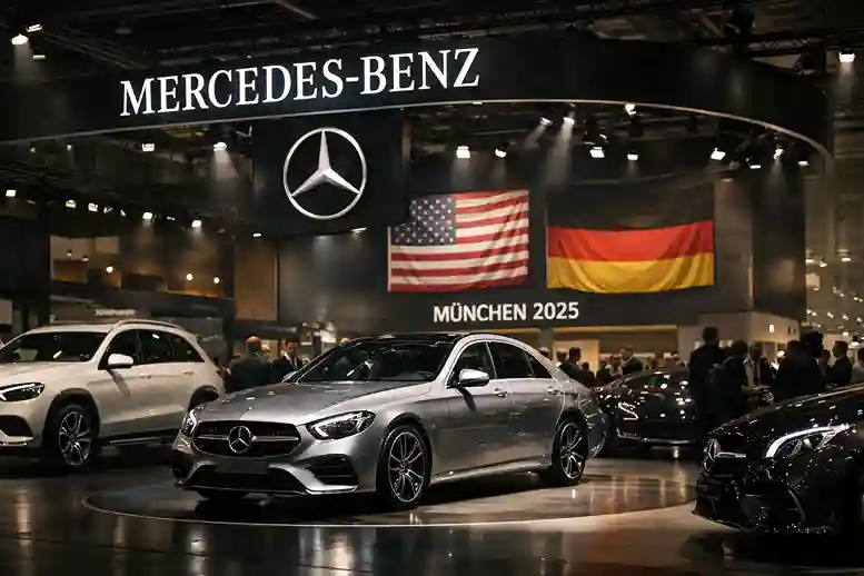 mercedes-trump-usa-angebot-deutschland Mercedes-Benz Messestand in München 2025 trotz US-Werbung durch Trump