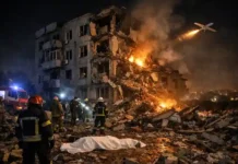 Russische Drohnen töten Zivilisten–Gespräche stock! Zerstörte Gebäude in Saporischschja nach russischem Drohnenangriff im Winter