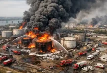 Russland-Ukraine Krieg: Drohender Konflikt und neue Luftangriffe Luftaufnahme eines brennenden Öldepots nach Drohnenangriff in Russland