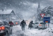 Sturmtief Elli verursacht Chaos: Schnee, Sturm & Bahn-Ausfälle „Sturmtief Elli über Deutschland: Straßen verschneit, stürmischer Wintertag“