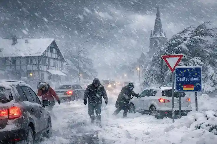 sturmtief-elli-deutschland „Sturmtief Elli über Deutschland: Straßen verschneit, stürmischer Wintertag“