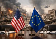 Ukraine-Krieg: Russische Angriffe und Diplomatische Schritte „Europäische und US-Flagge symbolisieren diplomatische Friedensbemühungen in der Ukraine“