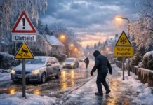 Winterchaos in Deutschland: Glatteis, Schnee und Eisregenalarm Winterlandschaft mit Schnee und Eisregen durch Tief Gunda in Deutschland