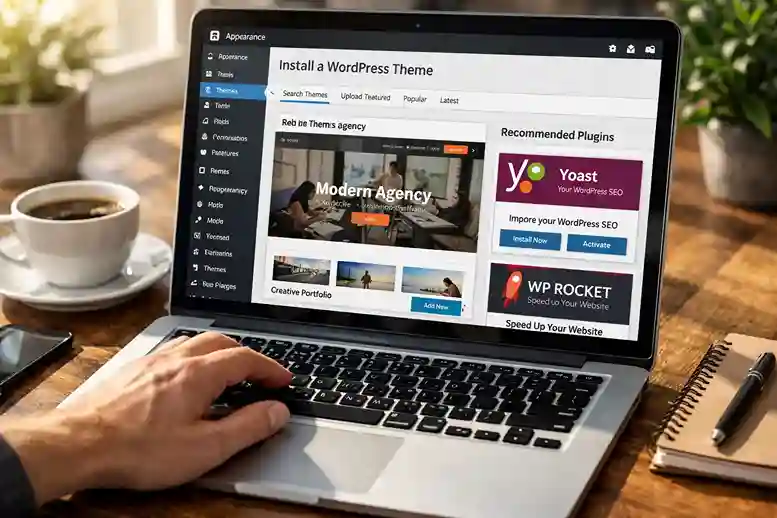 WordPress Theme und Plugins installieren, Yoast SEO und WP Rocket sichtbar